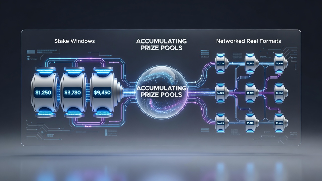 Networked slot machines displaying synchronized prize pool indicators and stake selection interfaces