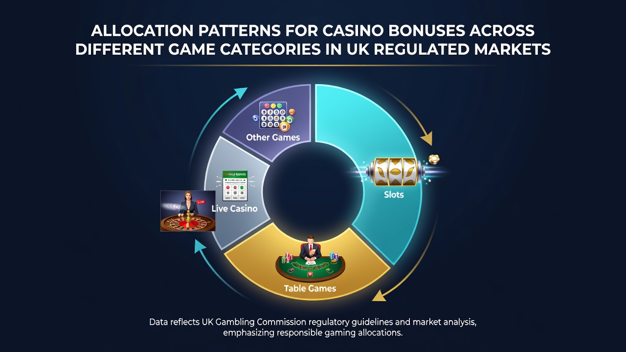 Visual representation of bonus allocation charts for slots, table games, and live dealer categories in UK casinos