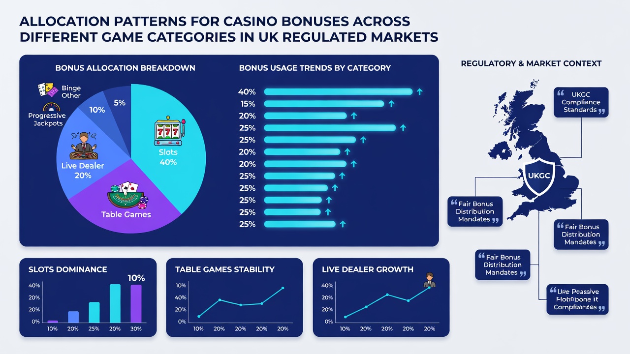 Infographic showing bonus distribution percentages across slots, blackjack, roulette, and live dealer games in UK regulated markets