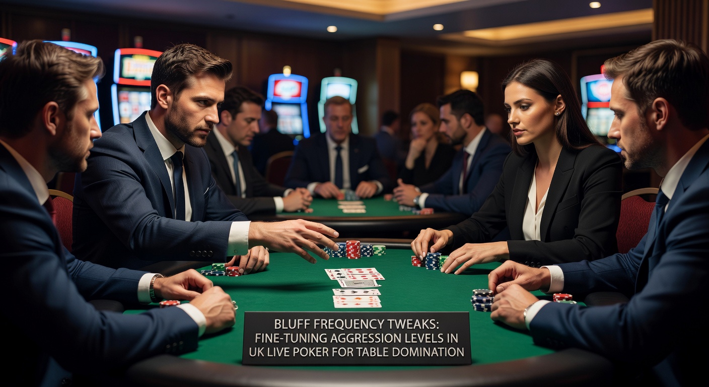 Close-up of a poker player's hand pushing chips forward in a bold bluff during a high-stakes UK live game, tension etched on faces around the felt