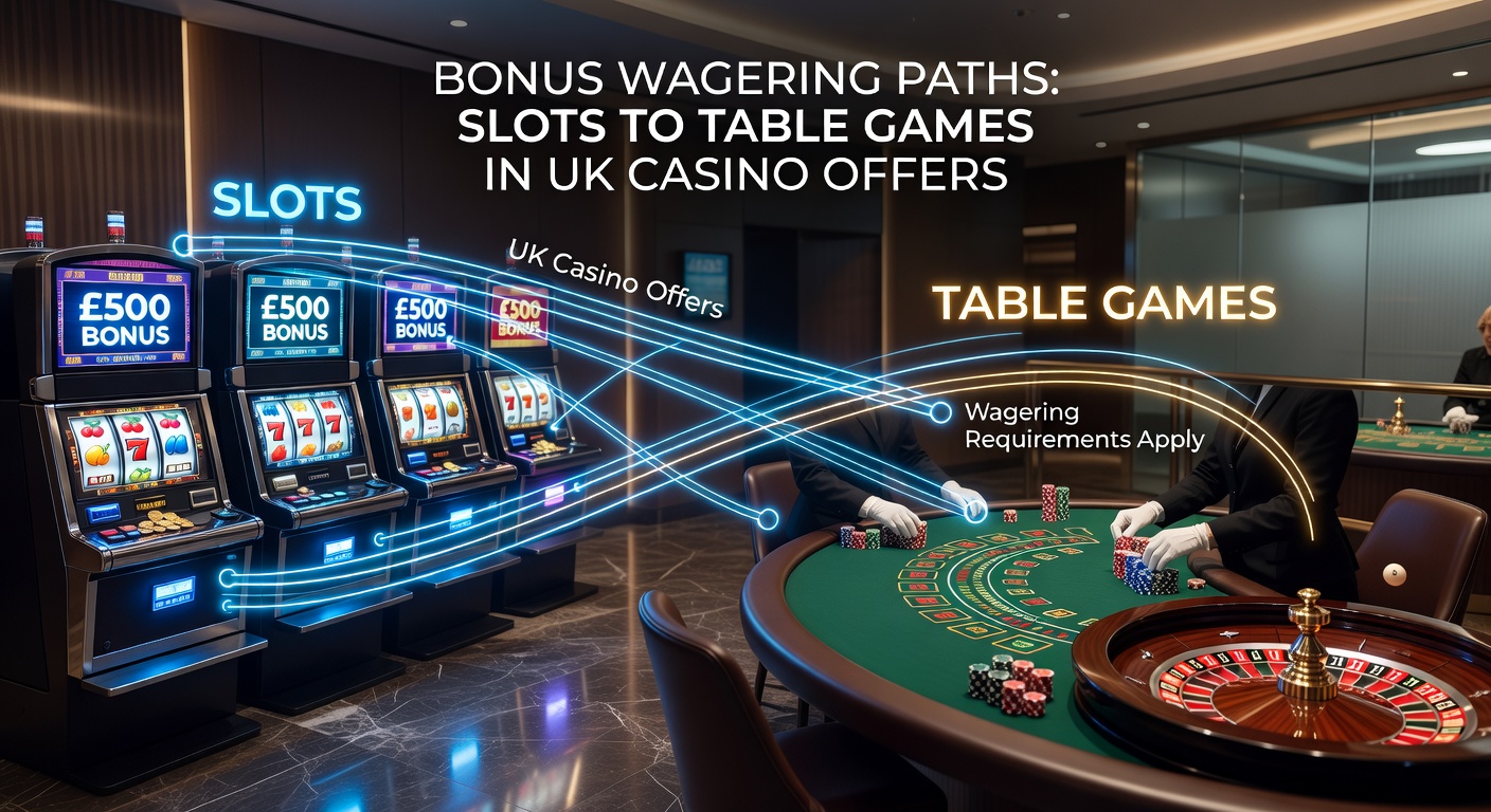 Casino player transitioning from vibrant slot machine screens to elegant blackjack tables, illustrating bonus wagering paths