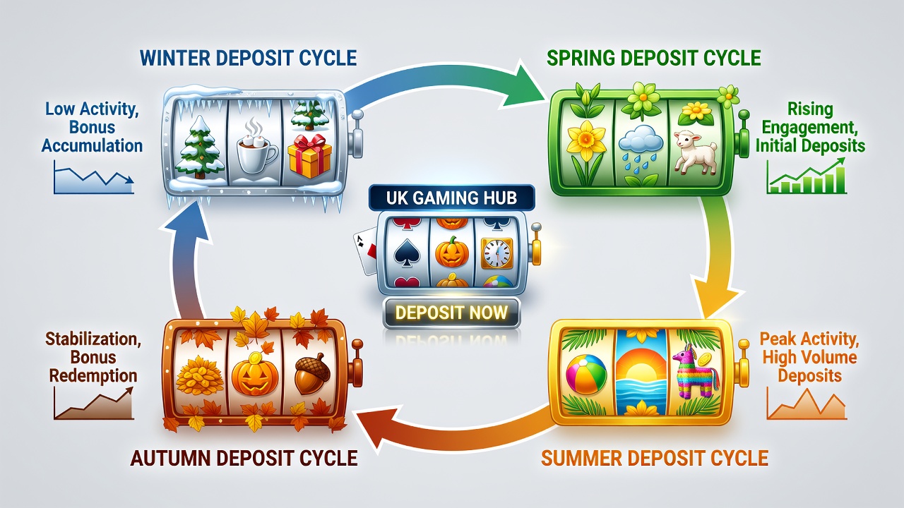 Mid-article view of deposit cycle charts overlaid on seasonal slot game screens