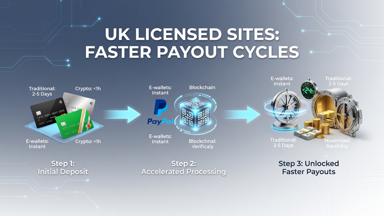Diagram showing sequences of deposit methods leading to reduced payout processing times at licensed platforms