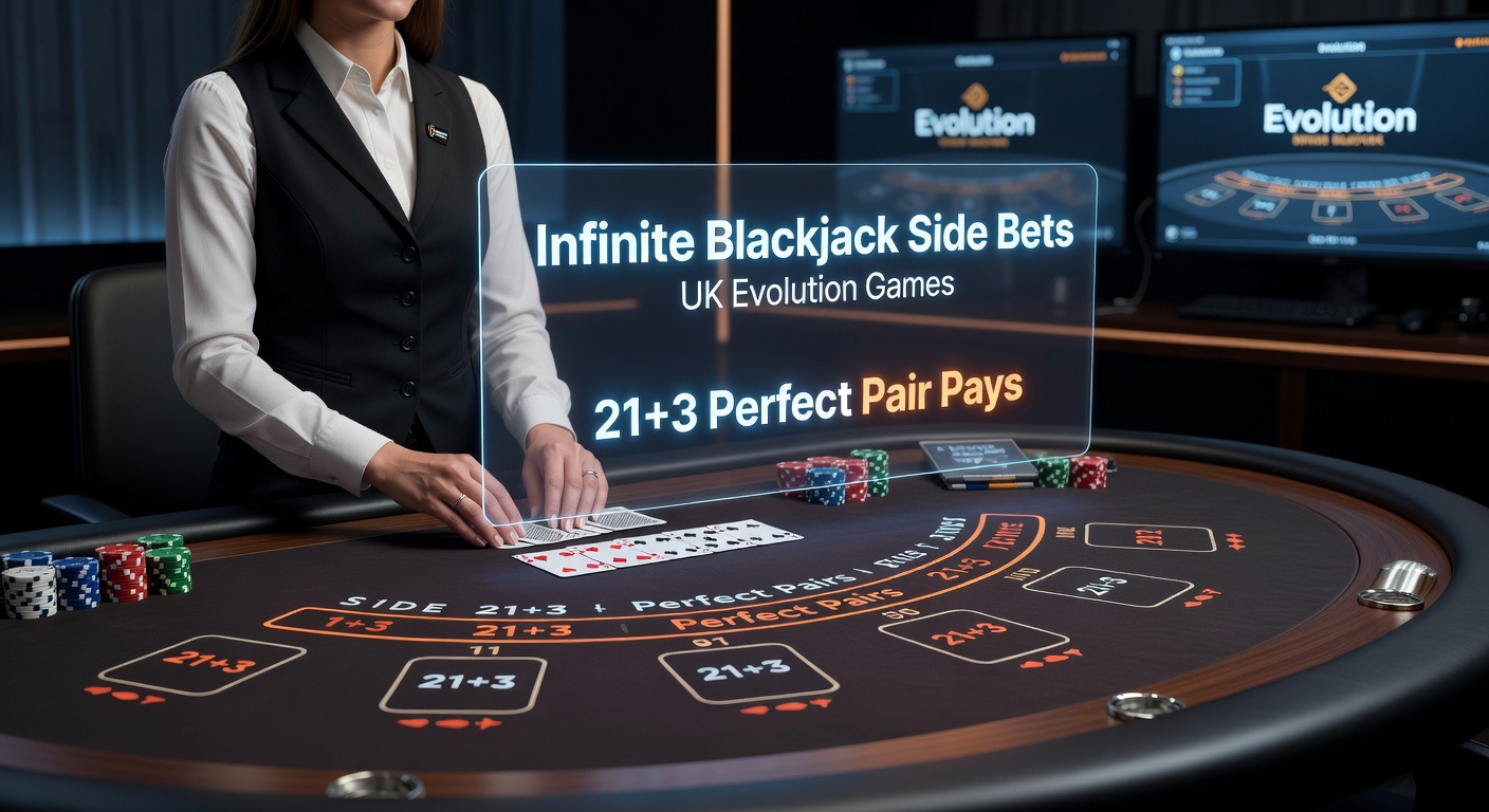 Close-up of 21+3 and Perfect Pairs side bet win notifications popping on an Evolution Infinite Blackjack interface during a high-stakes UK broadcast