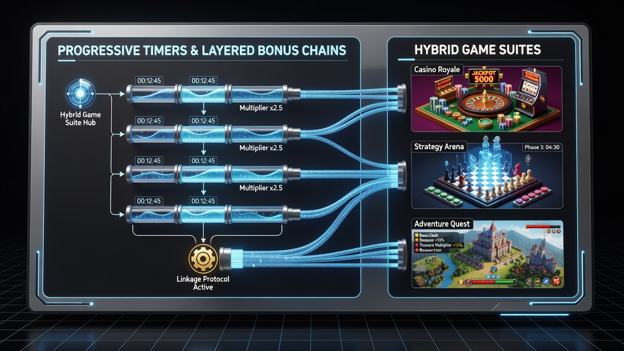 Screenshot of hybrid game suite interface displaying active progressive timer and stacked bonus chain progress