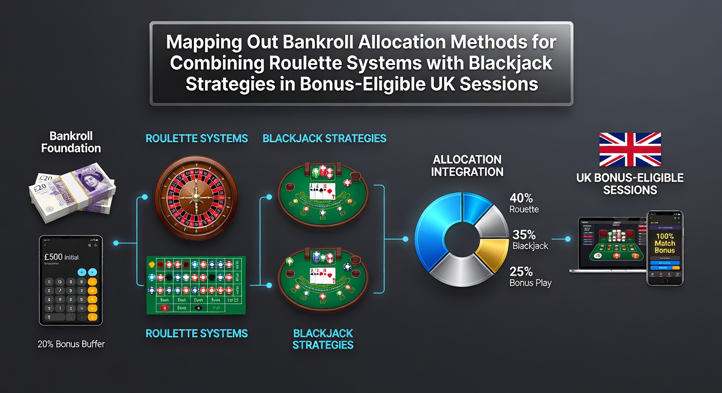 Diagram showing bankroll splits across roulette wheels and blackjack tables during UK promotional sessions