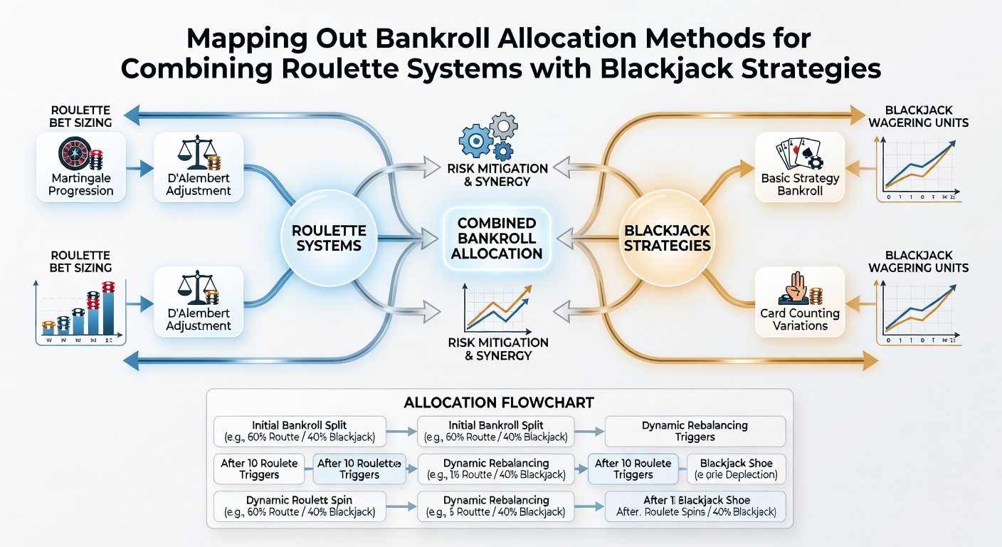 Illustration of segmented bankroll ledgers for roulette progressions and blackjack strategy application