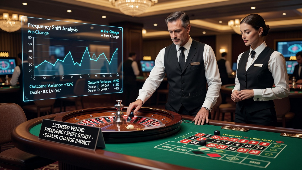 Roulette wheel spinning in a regulated casino environment with dealer at the table