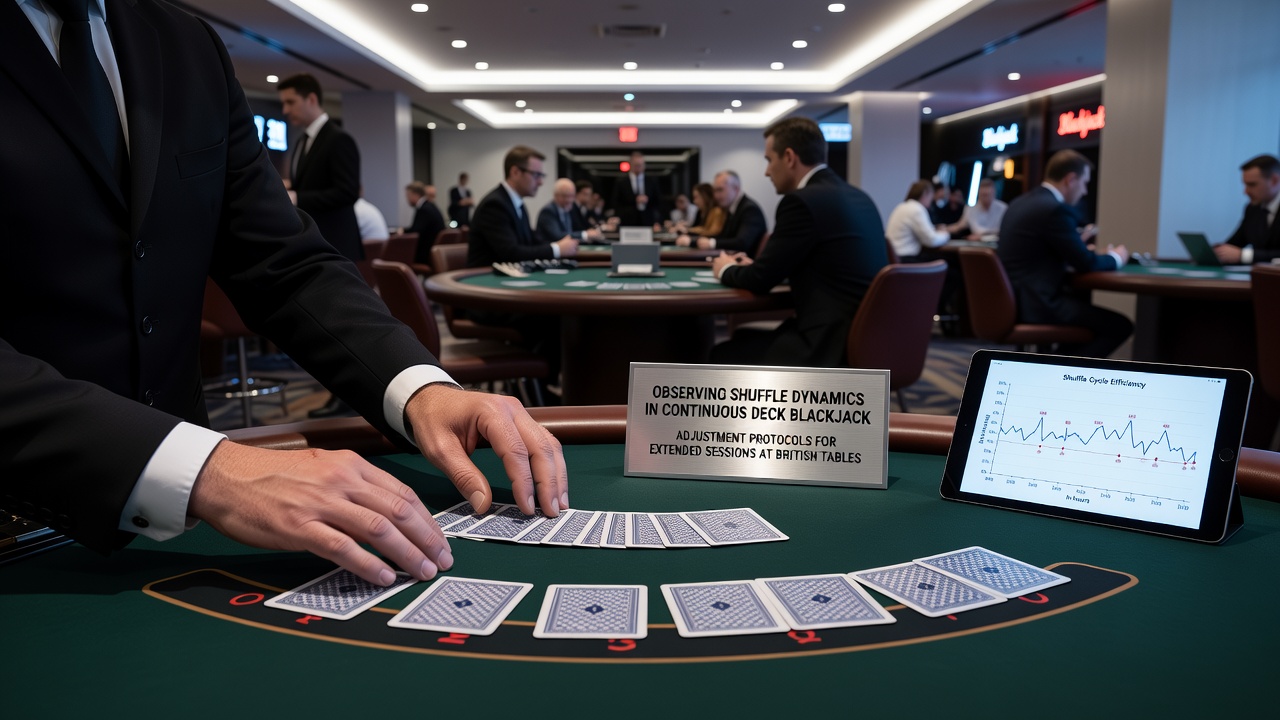 Blackjack table with continuous shuffling machine in operation at a British casino