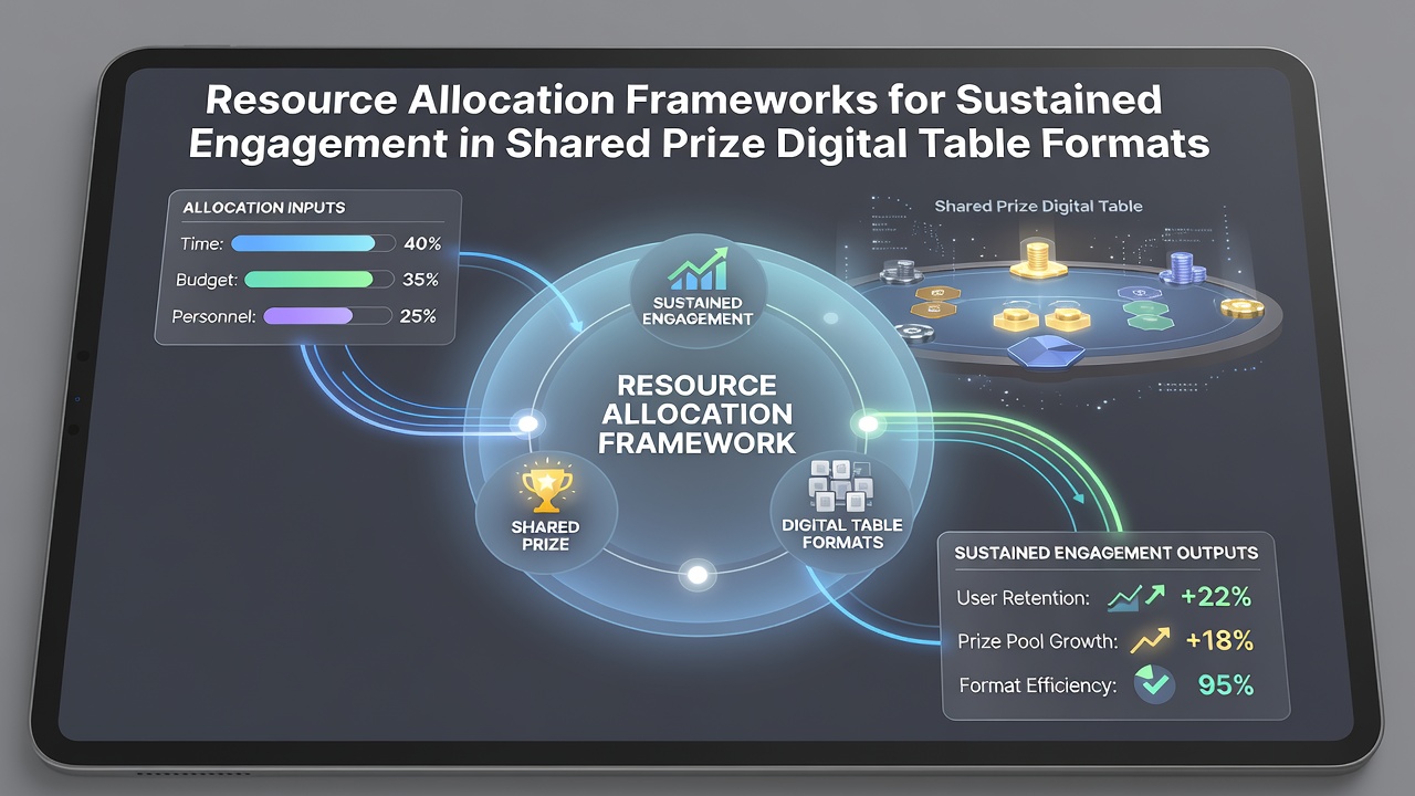 Overview of resource allocation frameworks applied to shared prize digital table formats showing data flow diagrams and engagement metrics