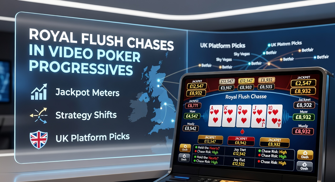 A vibrant video poker screen displaying a progressive jackpot meter climbing toward a massive royal flush payout, with cards forming a near-miss hand