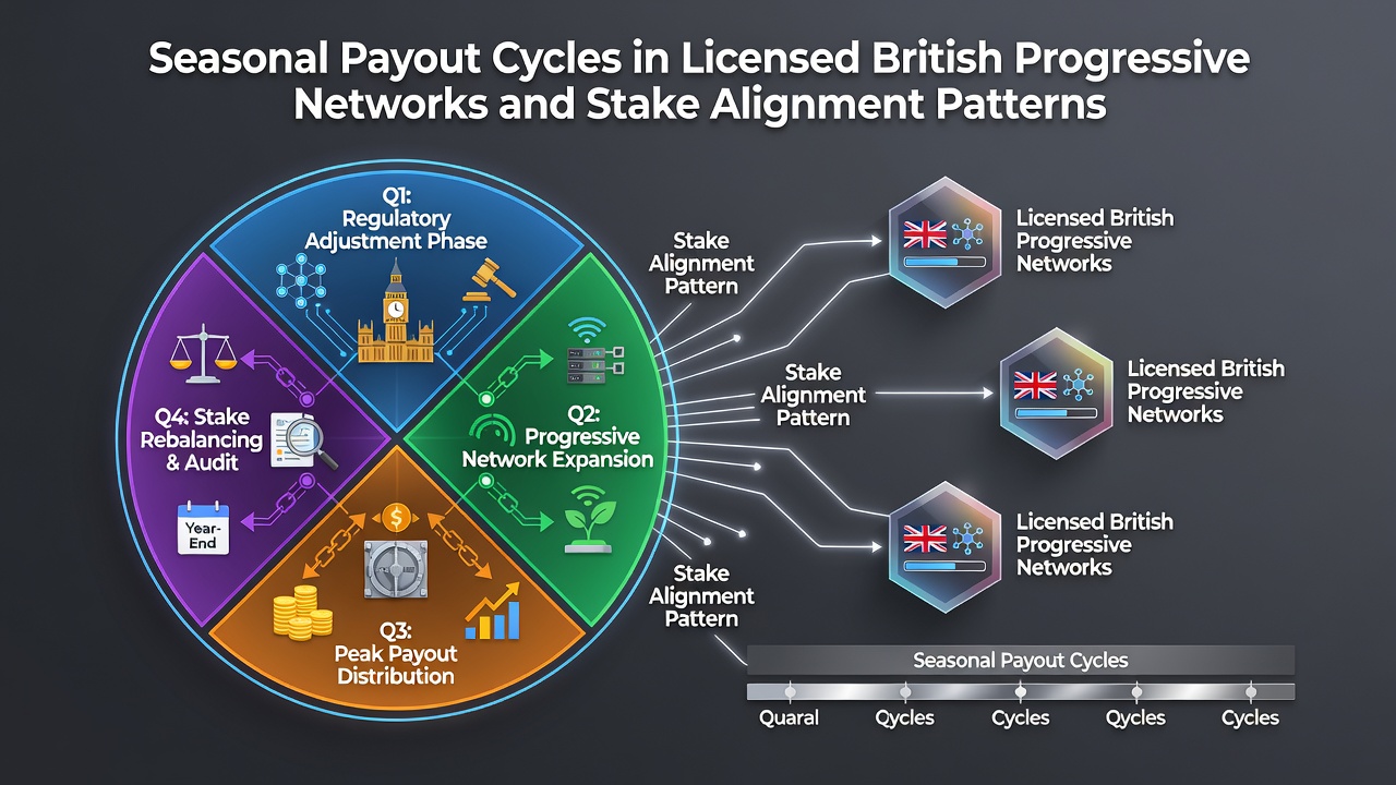 Seasonal payout data charts displayed across multiple UK progressive jackpot network terminals in a licensed casino environment