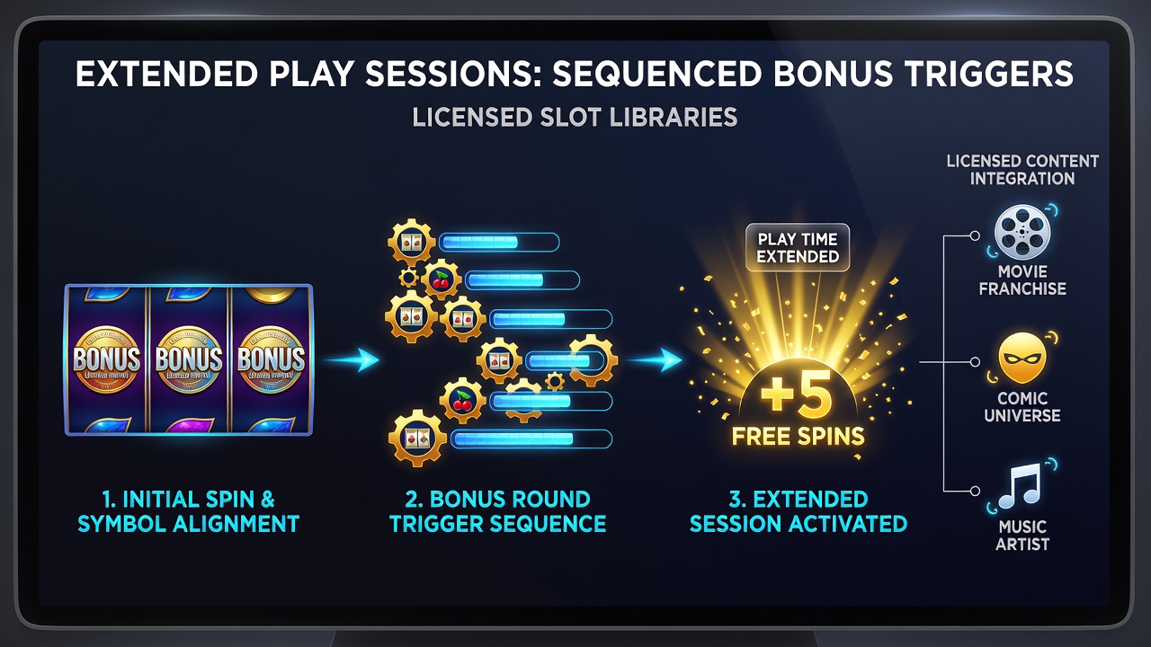 Detailed view of bonus sequence flow across connected slot games in a licensed digital library
