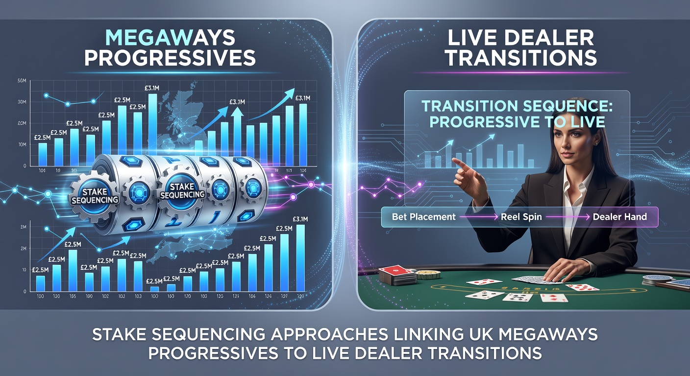 Illustration of stake sequencing connecting Megaways progressive slots with live dealer table transitions in casino environments