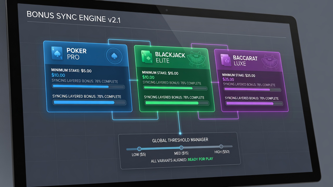 Detailed view of card game dashboards displaying aligned bonus progress bars and stake requirement meters