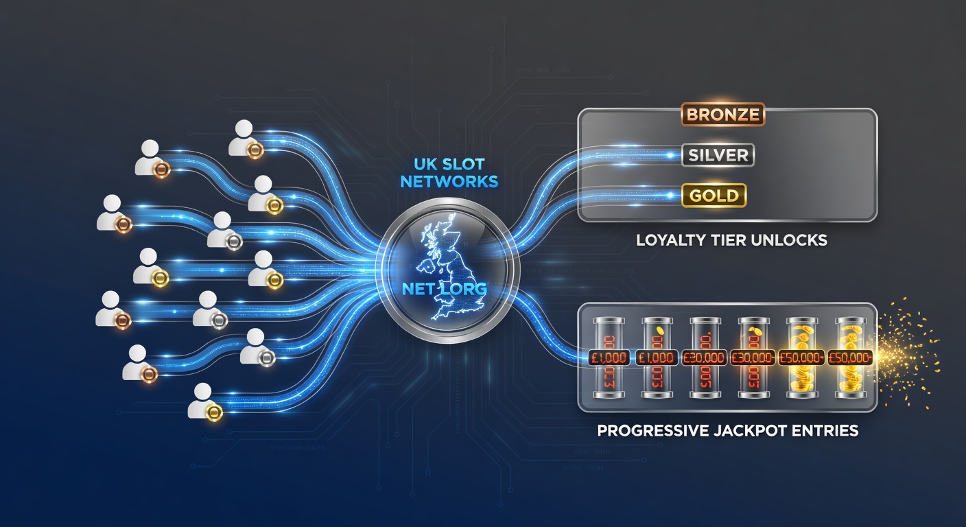 Illustration showing loyalty tier progression linked to progressive jackpot entries across connected UK slot platforms