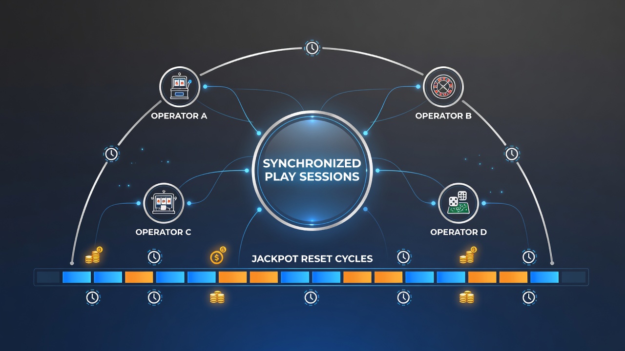 Diagram showing jackpot reset cycles synchronized across multiple casino operators on a shared platform