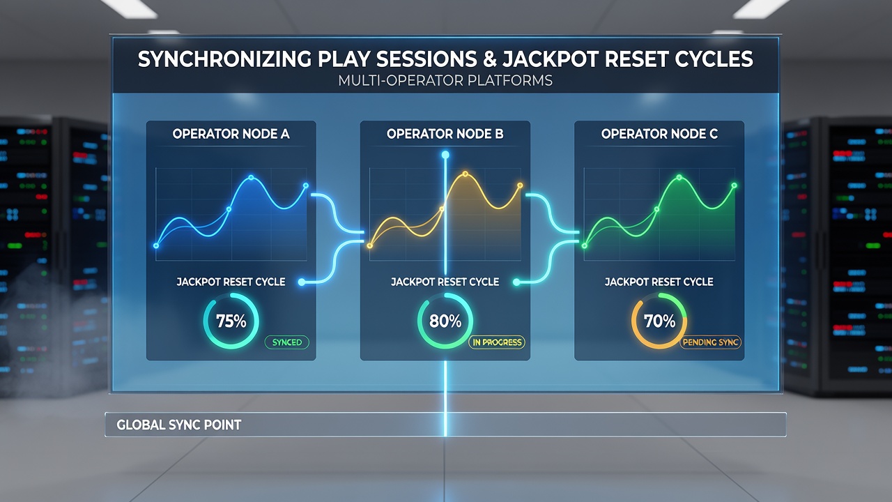 Screenshot of a multi-operator dashboard displaying synchronized jackpot timers and contribution graphs