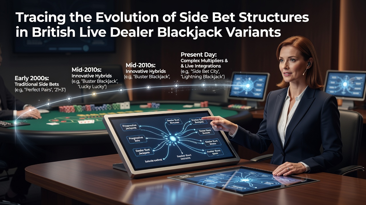 Historical timeline showing side bet options on early British live dealer blackjack tables from the 2010s