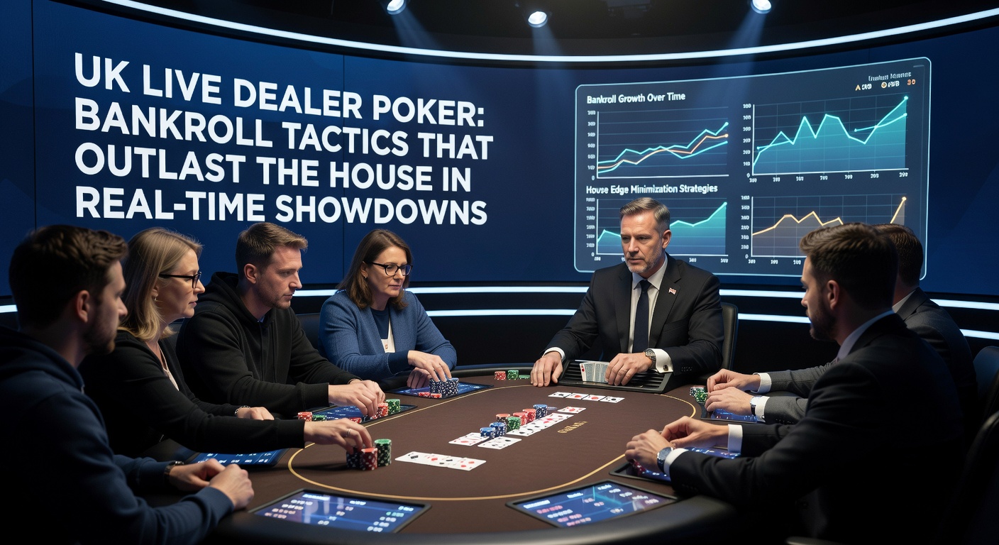 Live dealer poker table with cards and chips in a UK online casino setting, showing real-time action