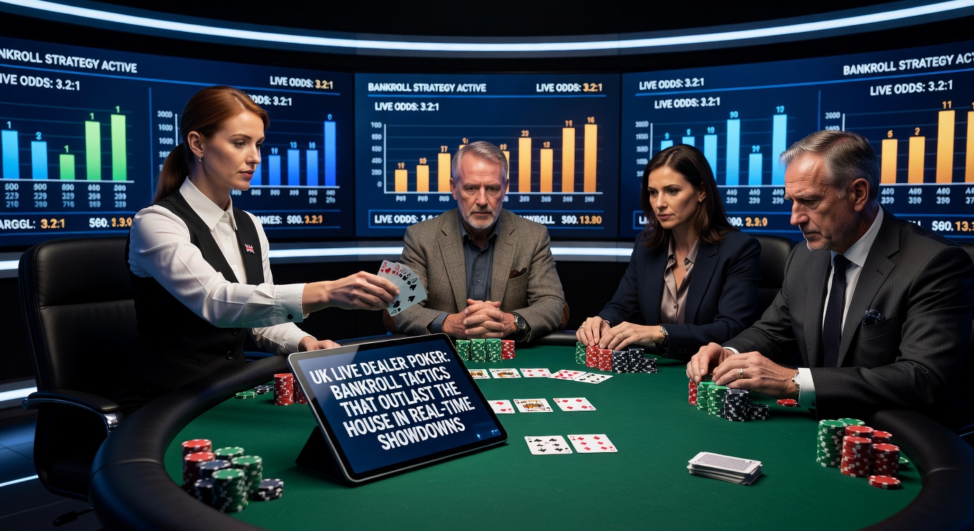 Close-up of poker chips stack next to a digital bankroll calculator on a live dealer interface, illustrating stake management