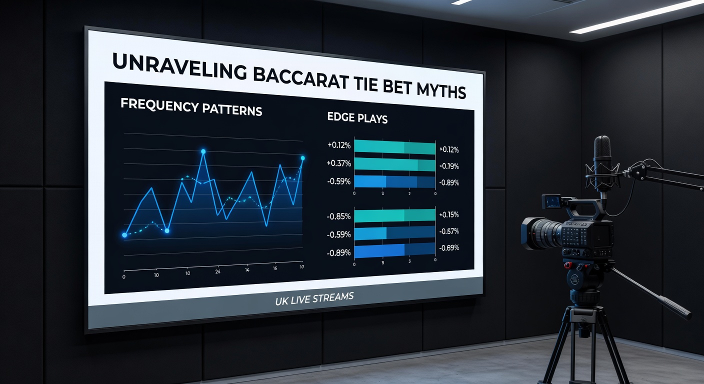 Live UK baccarat stream interface displaying a tie bet win, with frequency chart overlay and dealer interaction