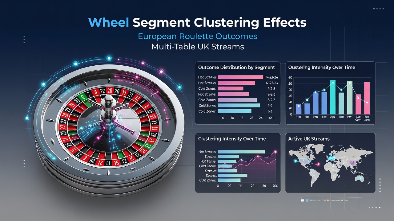 Multiple roulette tables displayed in a UK live stream with highlighted segment clusters on adjacent wheels